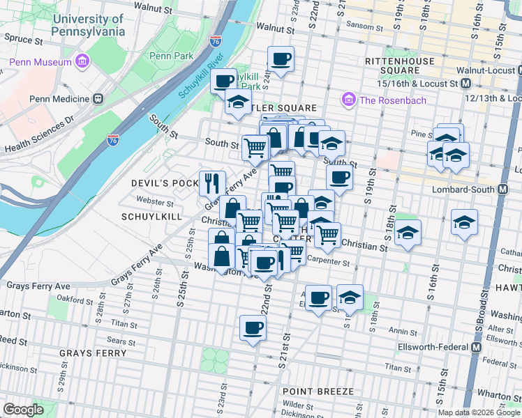 map of restaurants, bars, coffee shops, grocery stores, and more near 2212 Madison Square in Philadelphia