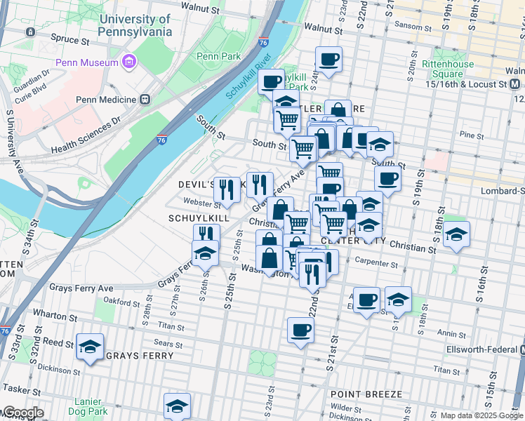 map of restaurants, bars, coffee shops, grocery stores, and more near 2400 Christian Street in Philadelphia