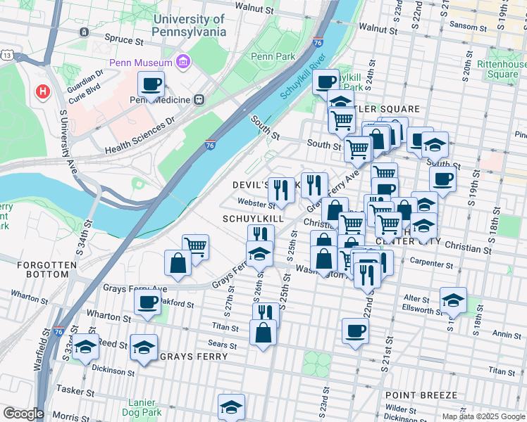 map of restaurants, bars, coffee shops, grocery stores, and more near 2549 Montrose Street in Philadelphia