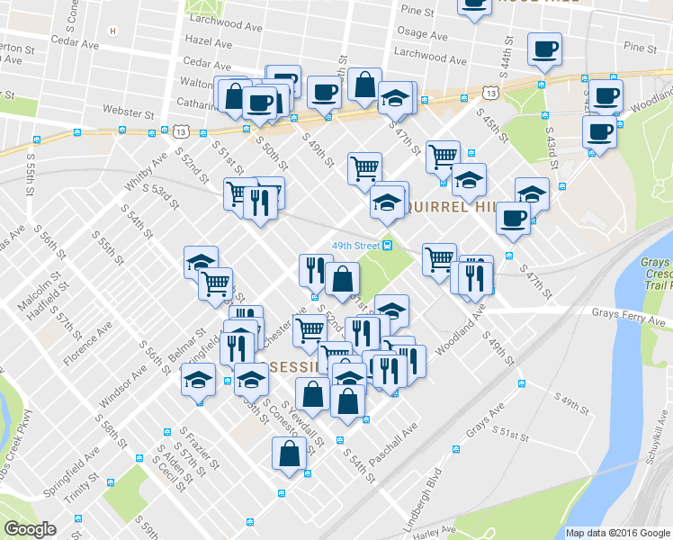map of restaurants, bars, coffee shops, grocery stores, and more near in Philadelphia