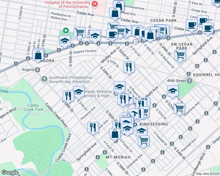 map of restaurants, bars, coffee shops, grocery stores, and more near 5448 Florence Avenue in Philadelphia