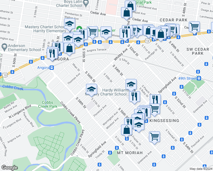 map of restaurants, bars, coffee shops, grocery stores, and more near 5604 Willows Avenue in Philadelphia