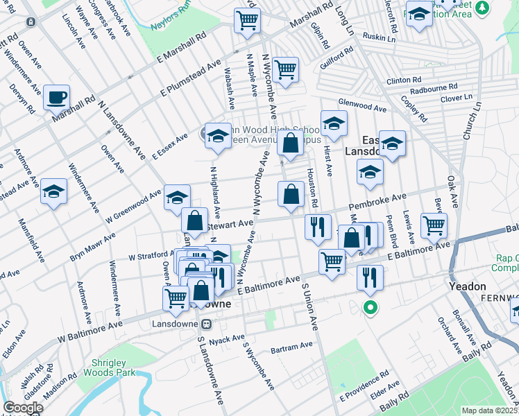 map of restaurants, bars, coffee shops, grocery stores, and more near in Lansdowne