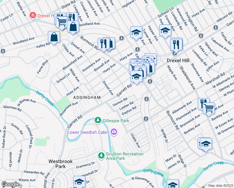 map of restaurants, bars, coffee shops, grocery stores, and more near 4101 Vernon Road in Drexel Hill