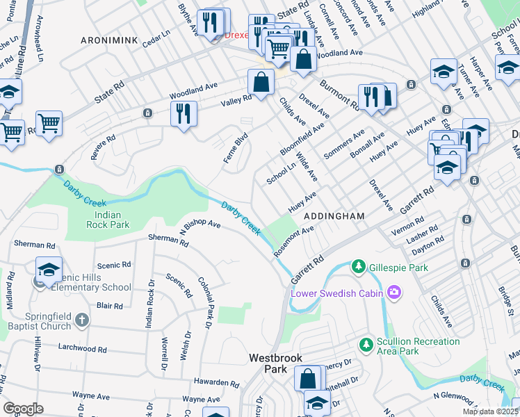 map of restaurants, bars, coffee shops, grocery stores, and more near 523 Bloomfield Avenue in Drexel Hill
