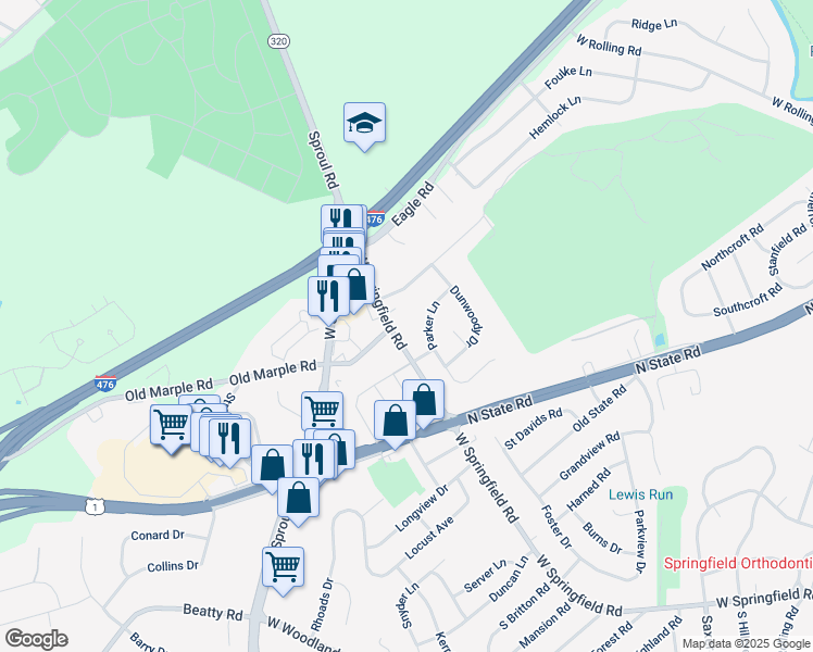 map of restaurants, bars, coffee shops, grocery stores, and more near 801 West Springfield Road in Springfield