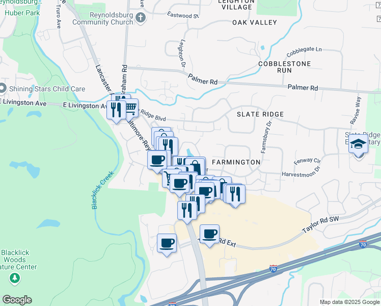 map of restaurants, bars, coffee shops, grocery stores, and more near 2095 Dornbin Drive in Reynoldsburg
