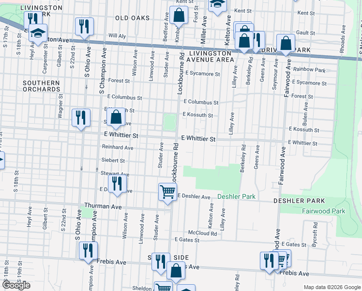 map of restaurants, bars, coffee shops, grocery stores, and more near 1164 Lockbourne Road in Columbus