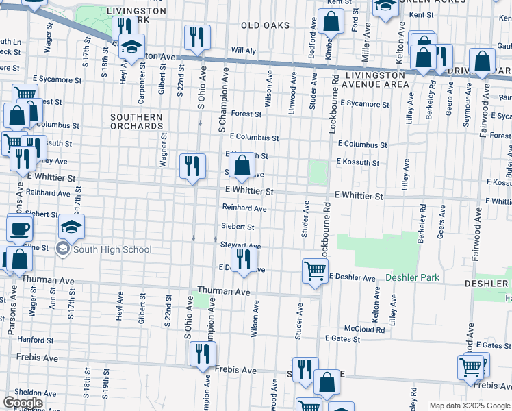 map of restaurants, bars, coffee shops, grocery stores, and more near 1147 Wilson Avenue in Columbus