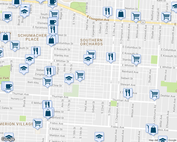 map of restaurants, bars, coffee shops, grocery stores, and more near 779 Siebert Street in Columbus