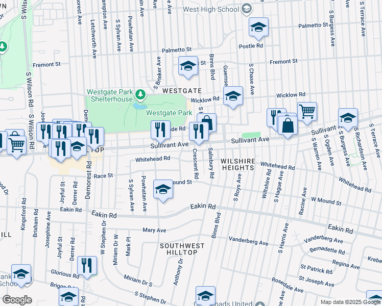 map of restaurants, bars, coffee shops, grocery stores, and more near 606 Crescent Road in Columbus