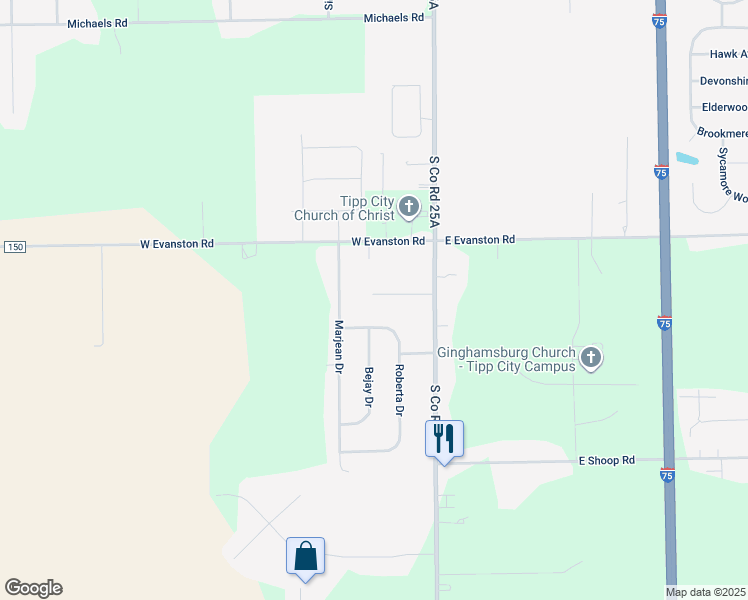 map of restaurants, bars, coffee shops, grocery stores, and more near 6635 Roberta Drive in Tipp City