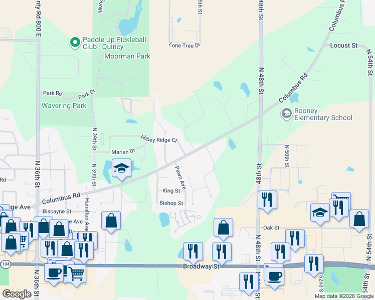 map of restaurants, bars, coffee shops, grocery stores, and more near 4406 Columbus Rd in Quincy