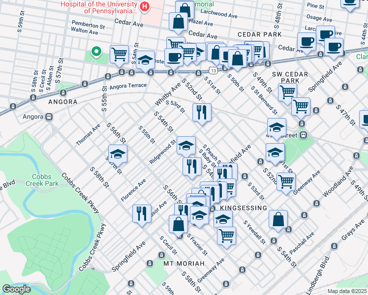 map of restaurants, bars, coffee shops, grocery stores, and more near 5402 Florence Avenue in Philadelphia