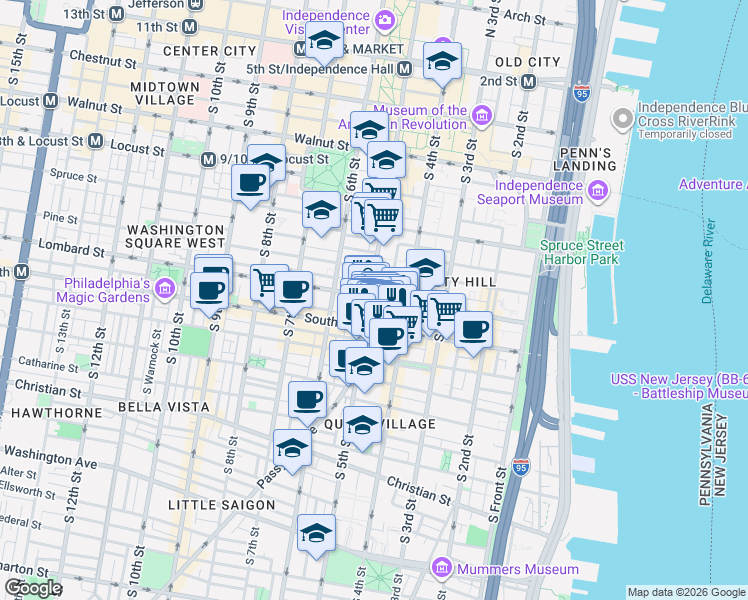 map of restaurants, bars, coffee shops, grocery stores, and more near 432-36 South Street in Philadelphia