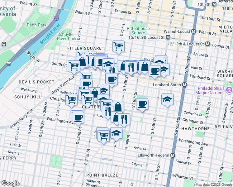 map of restaurants, bars, coffee shops, grocery stores, and more near 746 S Martin St in Philadelphia