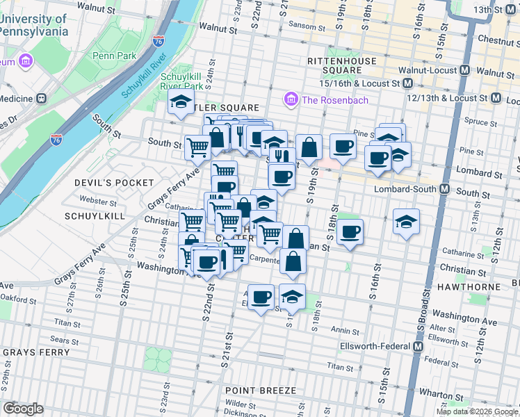 map of restaurants, bars, coffee shops, grocery stores, and more near in Philadelphia