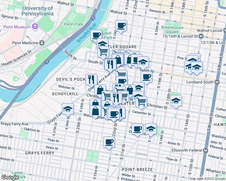 map of restaurants, bars, coffee shops, grocery stores, and more near 2237 Catharine Street in Philadelphia
