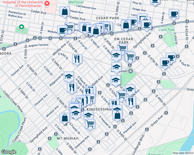 map of restaurants, bars, coffee shops, grocery stores, and more near 1150 South 52nd Street in Philadelphia