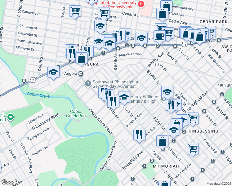 map of restaurants, bars, coffee shops, grocery stores, and more near 5706 Whitby Avenue in Philadelphia