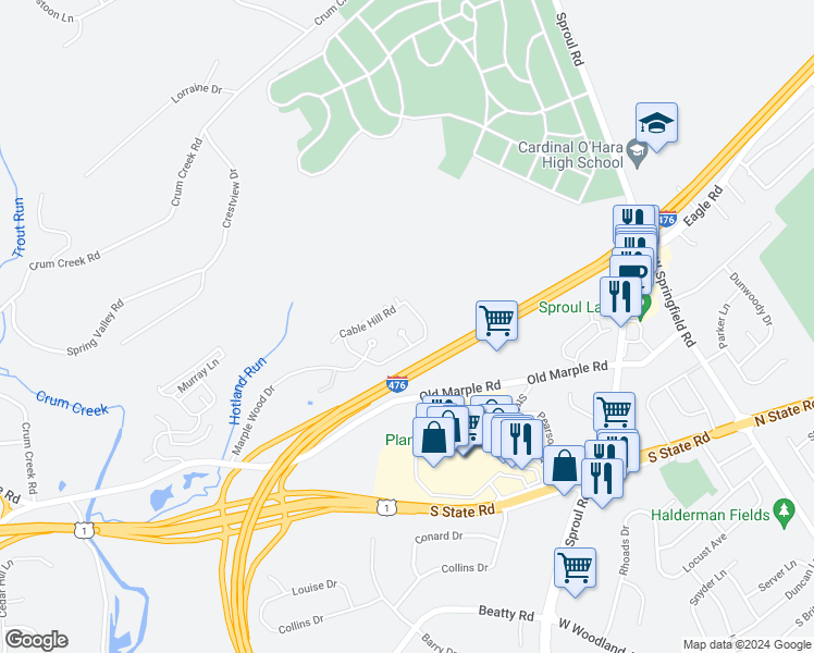 map of restaurants, bars, coffee shops, grocery stores, and more near in Delaware County