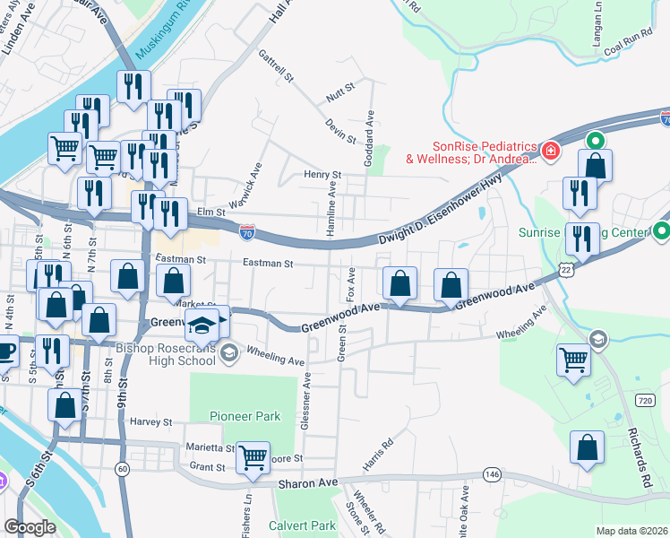 map of restaurants, bars, coffee shops, grocery stores, and more near 135 Fox Avenue in Zanesville