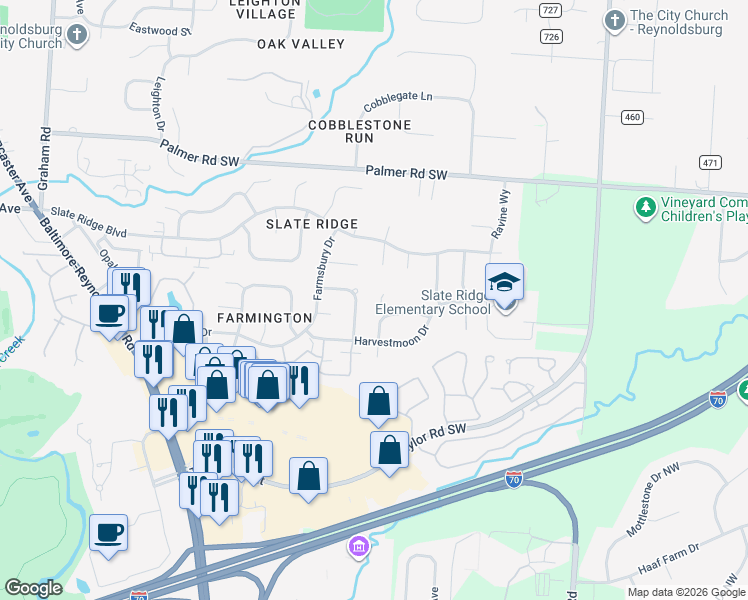 map of restaurants, bars, coffee shops, grocery stores, and more near 7992 Fenway Circle in Reynoldsburg