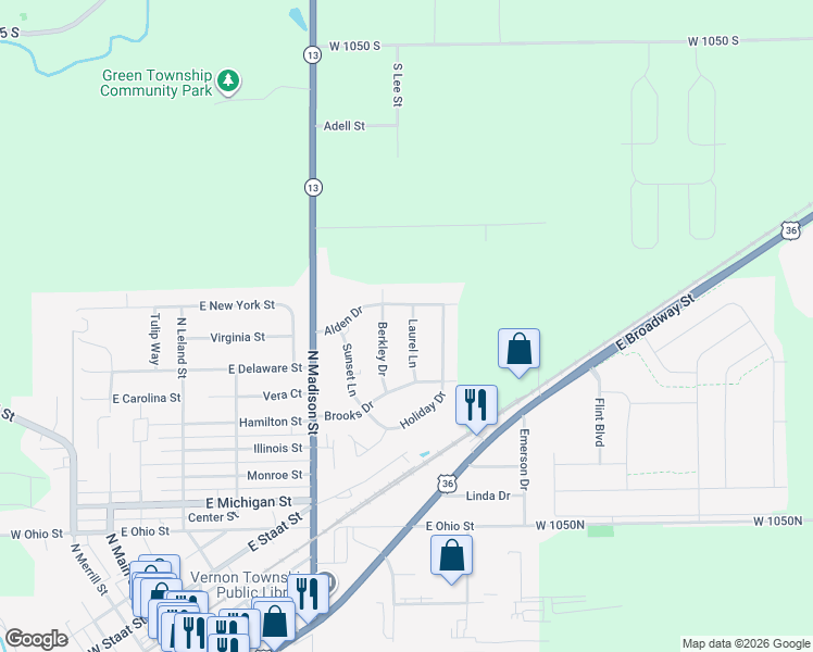map of restaurants, bars, coffee shops, grocery stores, and more near 733 Berkley Drive in Fortville
