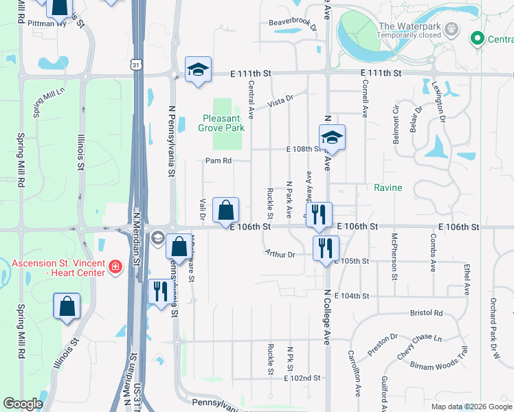 map of restaurants, bars, coffee shops, grocery stores, and more near 10600 Central Avenue in Indianapolis