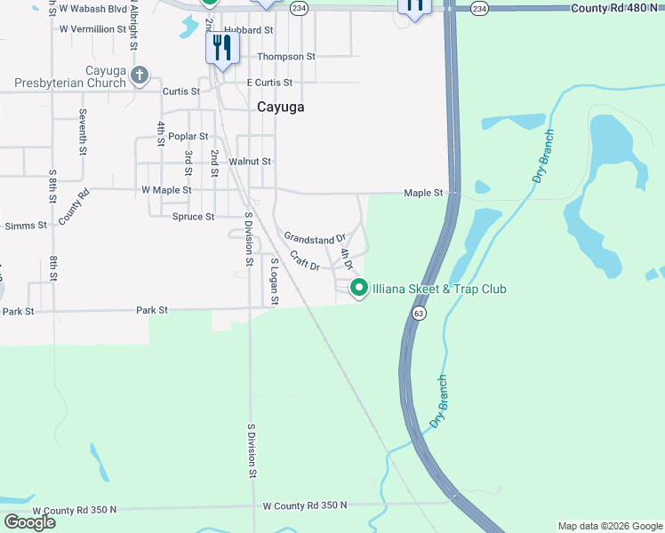 map of restaurants, bars, coffee shops, grocery stores, and more near Gun Club Road in Cayuga