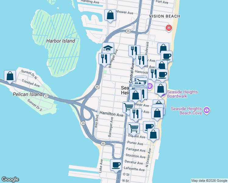 map of restaurants, bars, coffee shops, grocery stores, and more near 610 Barnegat Avenue in Seaside Heights