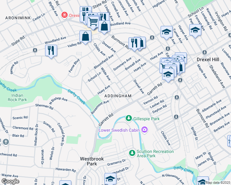 map of restaurants, bars, coffee shops, grocery stores, and more near 449 Wilde Avenue in Drexel Hill