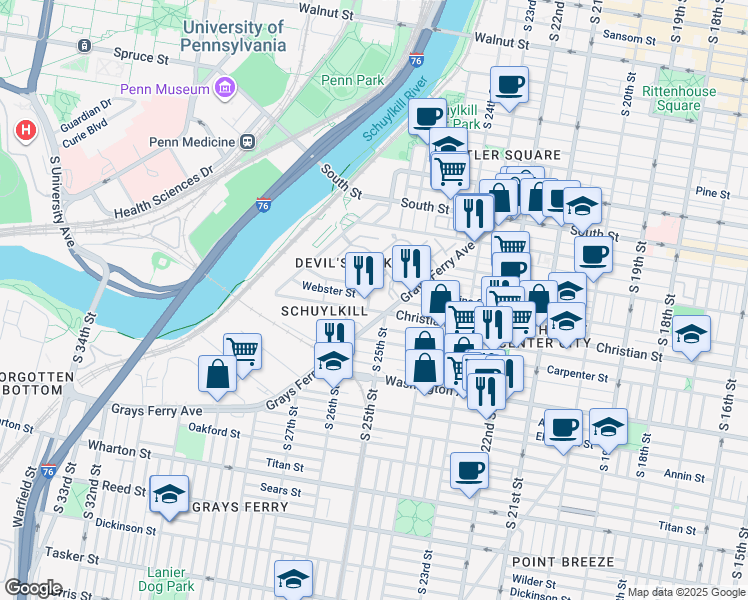map of restaurants, bars, coffee shops, grocery stores, and more near 2501 Christian Street in Philadelphia
