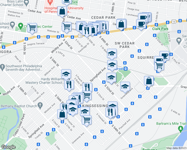 map of restaurants, bars, coffee shops, grocery stores, and more near 1150 South 52nd Street in Philadelphia