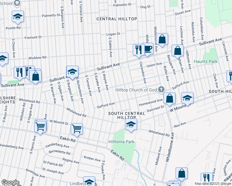 map of restaurants, bars, coffee shops, grocery stores, and more near 615 South Oakley Avenue in Columbus