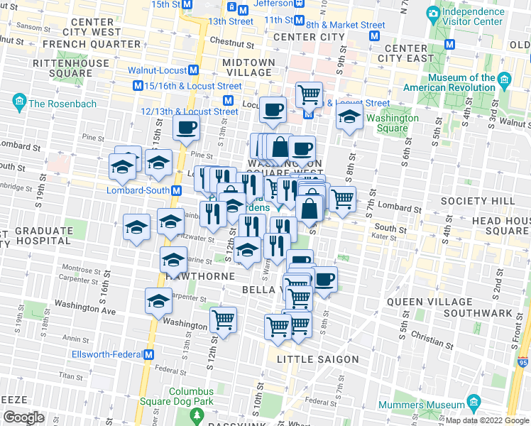 map of restaurants, bars, coffee shops, grocery stores, and more near 607 South 11th Street in Philadelphia