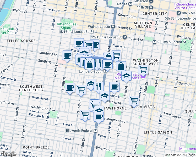 map of restaurants, bars, coffee shops, grocery stores, and more near 1428 Bainbridge Street in Philadelphia