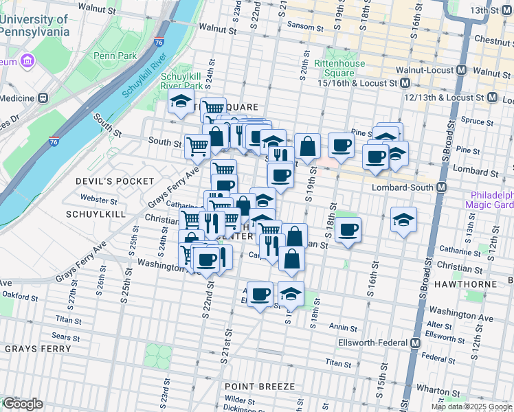 map of restaurants, bars, coffee shops, grocery stores, and more near 2051 Saint Albans Street in Philadelphia