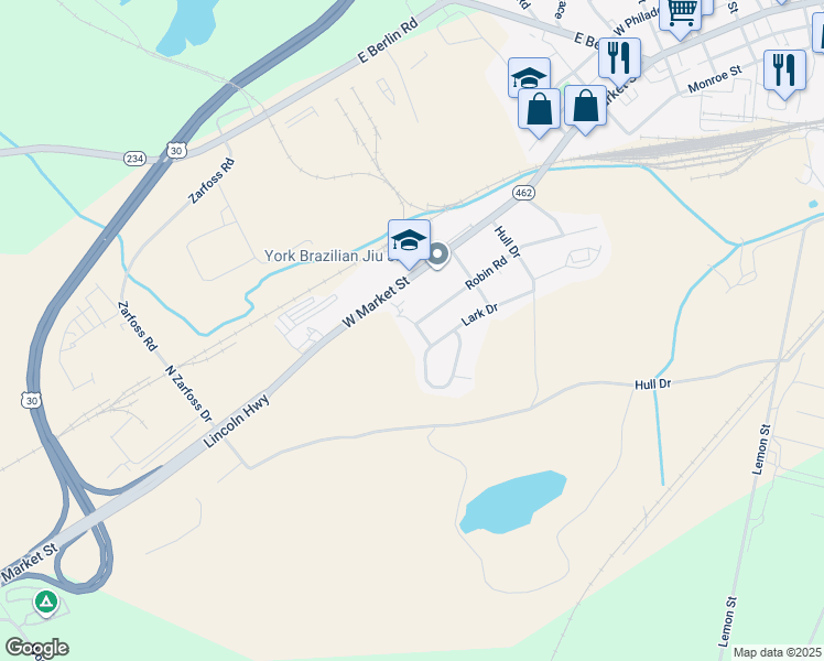 map of restaurants, bars, coffee shops, grocery stores, and more near 100 Finch Drive in York