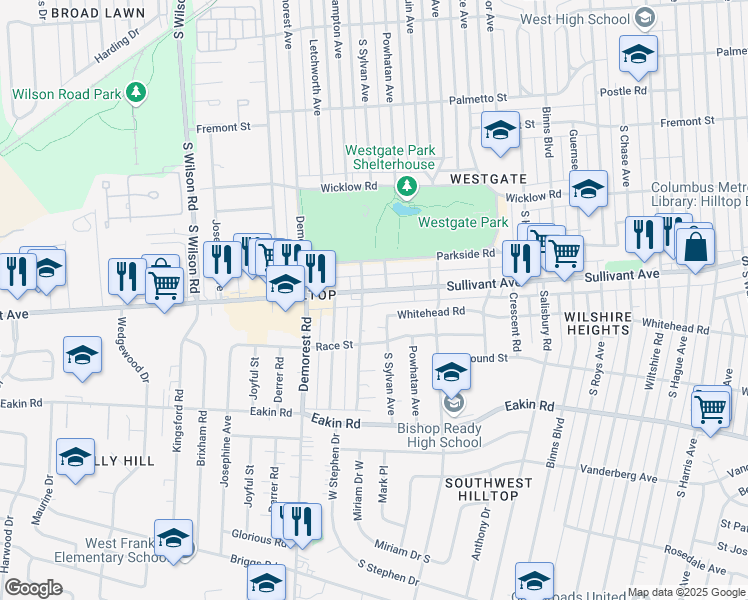 map of restaurants, bars, coffee shops, grocery stores, and more near 3295 Sullivant Avenue in Columbus