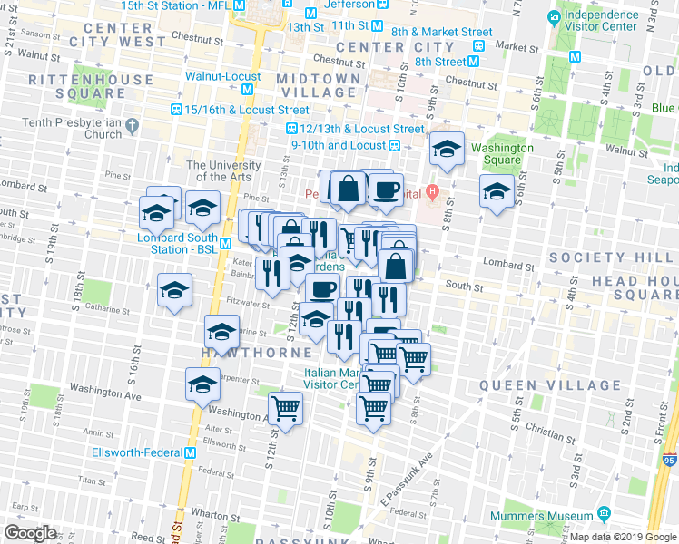 map of restaurants, bars, coffee shops, grocery stores, and more near 607 South 11th Street in Philadelphia