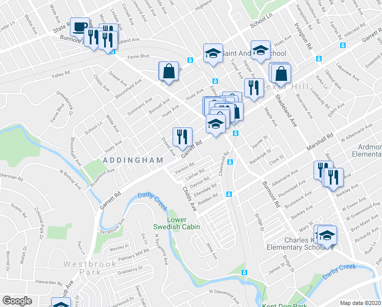 map of restaurants, bars, coffee shops, grocery stores, and more near 4010 Garrett Road in Upper Darby