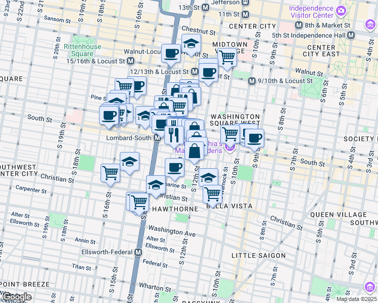 map of restaurants, bars, coffee shops, grocery stores, and more near 1230 Kater Street in Philadelphia