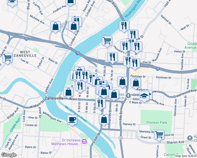 map of restaurants, bars, coffee shops, grocery stores, and more near 144 North 5th Street in Zanesville