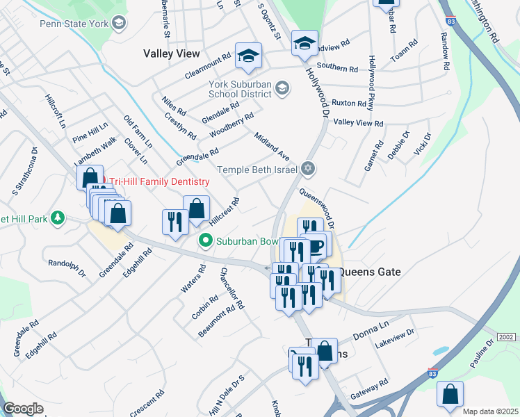 map of restaurants, bars, coffee shops, grocery stores, and more near 605 Hillcrest Road in York