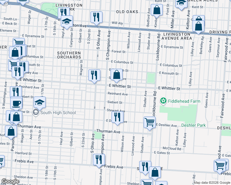 map of restaurants, bars, coffee shops, grocery stores, and more near in Columbus