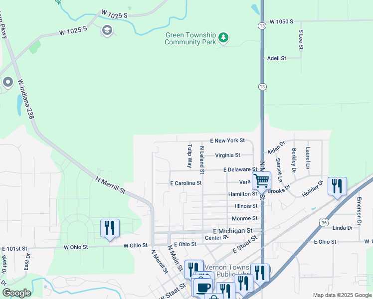 map of restaurants, bars, coffee shops, grocery stores, and more near 213 East New York Street in Fortville