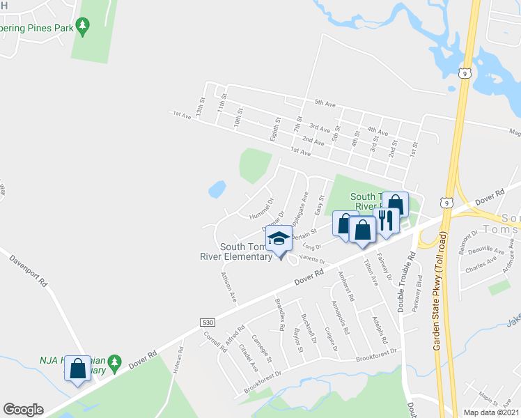map of restaurants, bars, coffee shops, grocery stores, and more near 16 Hummel Drive in Toms River