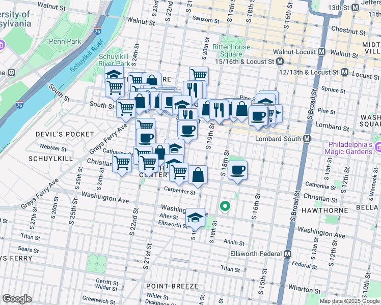 map of restaurants, bars, coffee shops, grocery stores, and more near 745 South 20th Street in Philadelphia