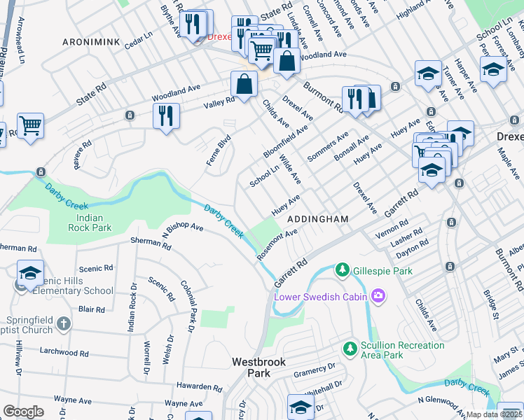 map of restaurants, bars, coffee shops, grocery stores, and more near 507 Anderson Avenue in Drexel Hill